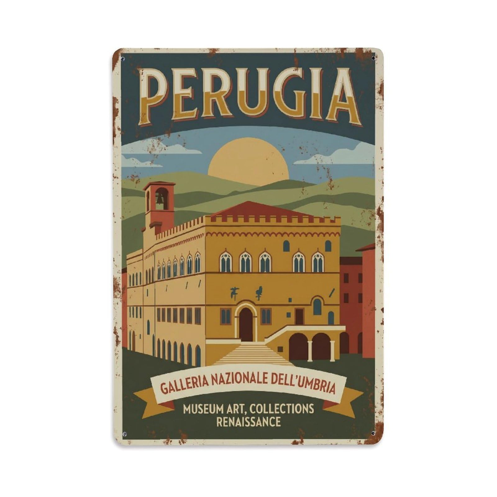 Vintage Travel Perugia Galleria Nazionale Umbria Italy Metal Tin Sign Plaque Wall Decor for Cafe, Club Bar, Office, Home Garden Metal Poster 8x12Inch