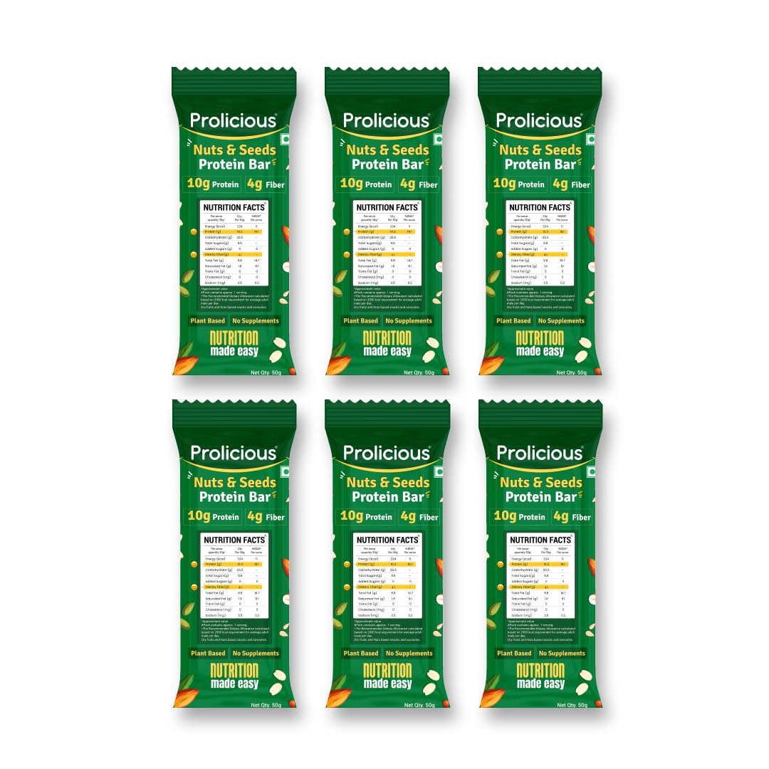 Prolicious Nuts & Seeds Bar | 10 grams Protein & 4 grams Fiber | No Refined Sugar | Plant Based | Natural Ingredients | Pack of 6, 50 grams each (B0CS32KXFQ) Amazon Price History, Amazon Price Tracker