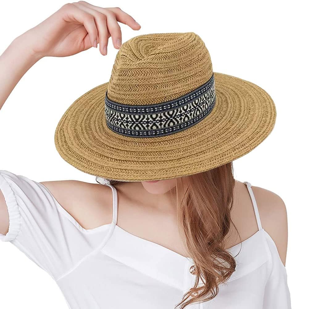 XGOPTSPanama Straw Sun Hat Wide Brim Fedora Beach Hat UV Protection Bucket Hat Foldable Lifeguard Straw Hat