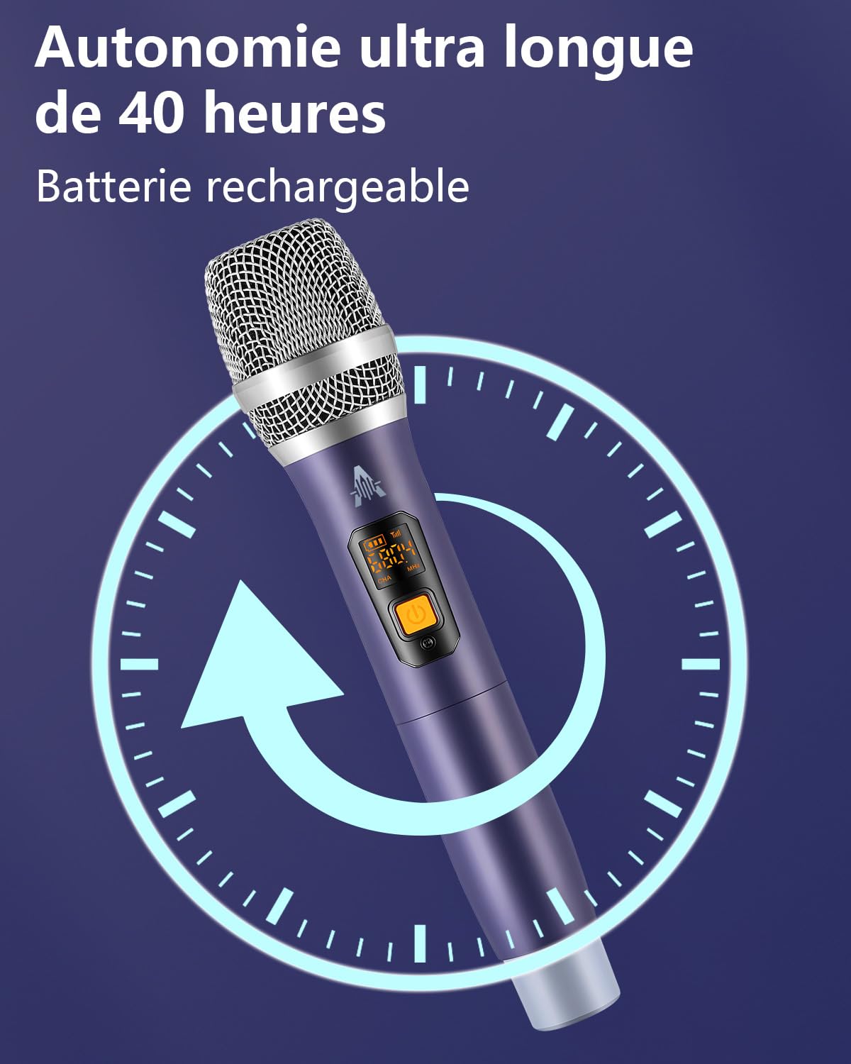 Microphone sans fil, UHF Metal Dual Handheld Dynamic Mic System avec récepteur rechargeable (40H Duration, 200 ft Range) pour le chant, le karaoké, l'église, le discours, le mariage, la fête...
