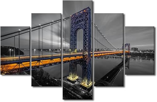 Miniatura 1 de 5 piezas de decoración de pared para sala de estar George Washington Bridge y Hudson River Sunset Imágenes para dormitorio paisaje urbano decoración
