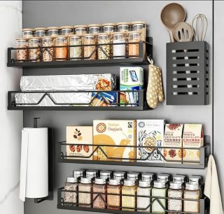 16.9 Inch Large Capacity Magnetic Spice Rack for Refrigerator Black, 6 Pack | Metal Magnet Shelf Paper Towel Holder Utensils Rack Space Saving Spice Organizer Kitchen Laundry Room Storage Organization