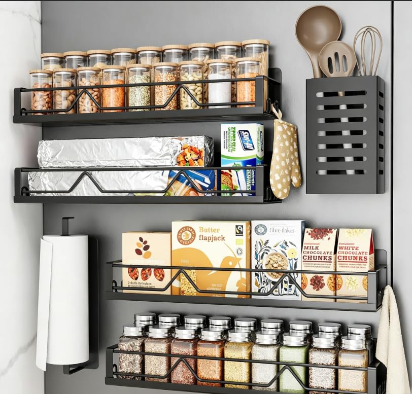 16.9 Inch Large Capacity Magnetic Spice Rack for Refrigerator Black, 6 Pack