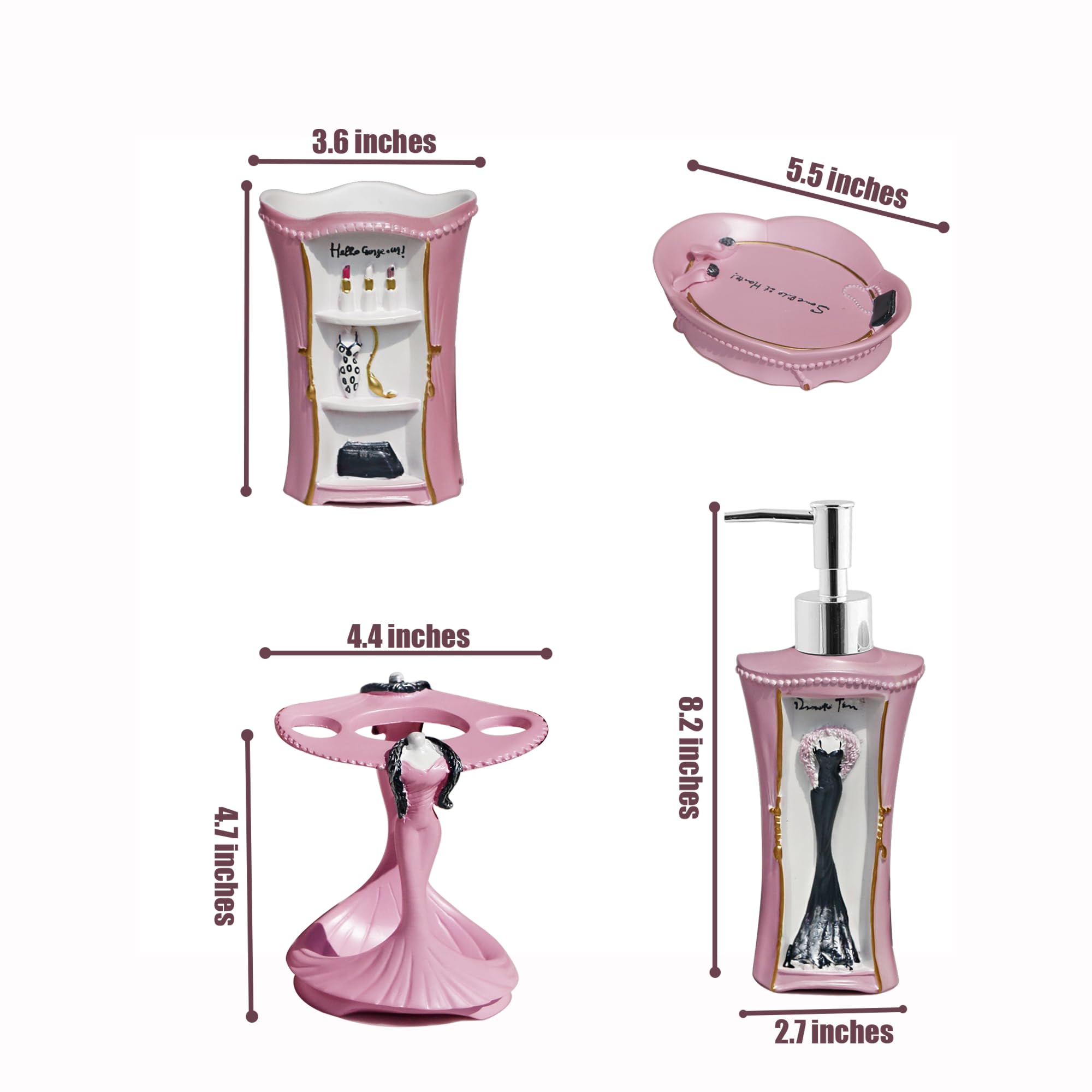 LUANT 5-teiliges Badezimmer-Zubehör-Set mit Seifenspender, Zahnbürstenhalter, Becher und Seifenschale (Rosa)