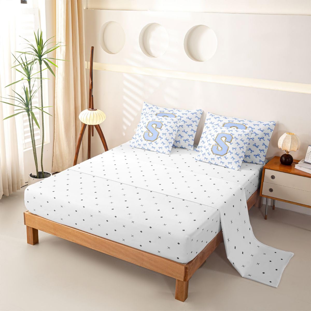 Loussiesd Sweet Blue Bows, copripiumino per letto super king, 7 pezzi