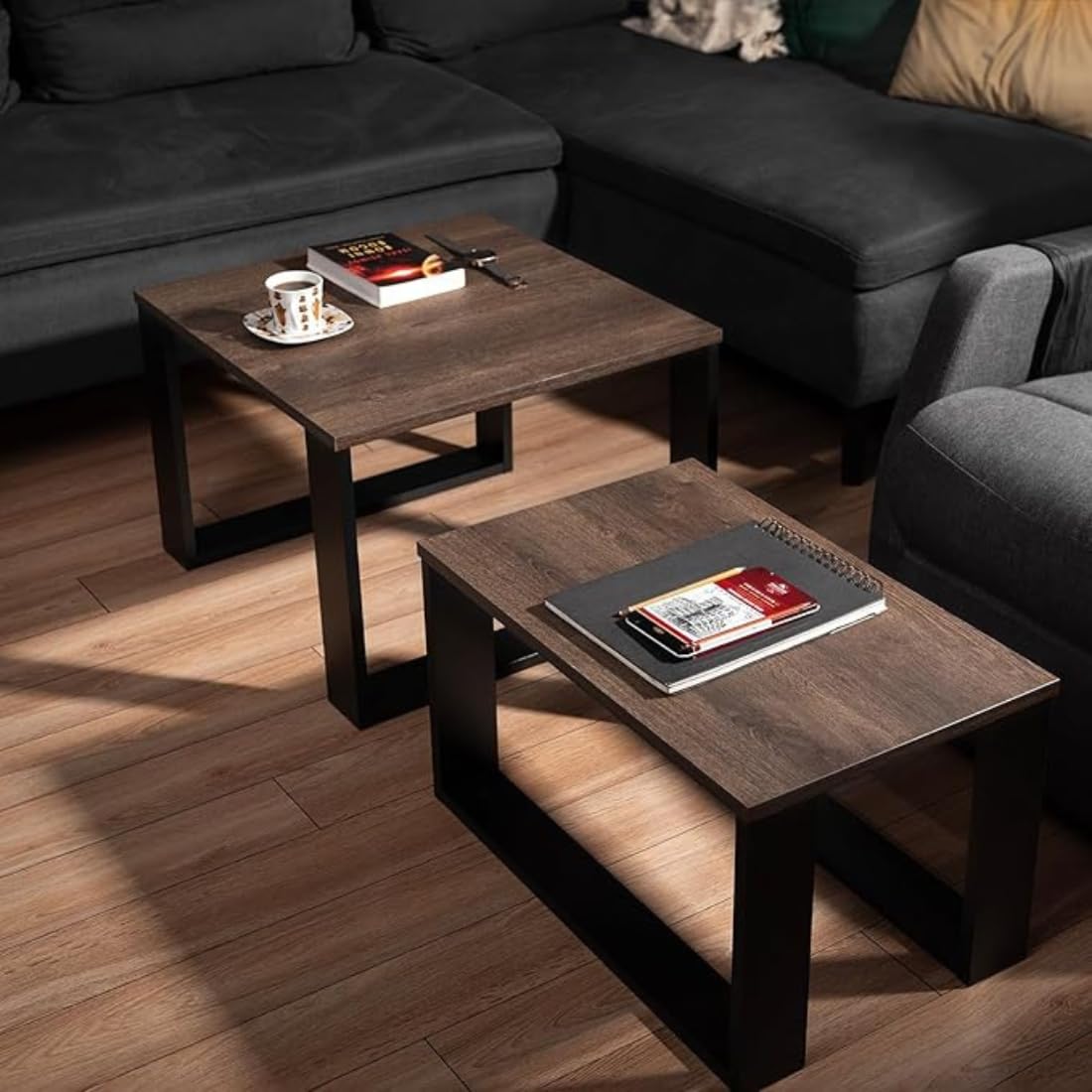 Wooden Expert Living Room Table Wood,Coffee Table Set of 2 in 2 Sizes,Side Table Wood,Table for Sofa with Black Frame and Wooden top,Side Tables for Living Room Set,Coffee Table,Side Table (Walnut) 3