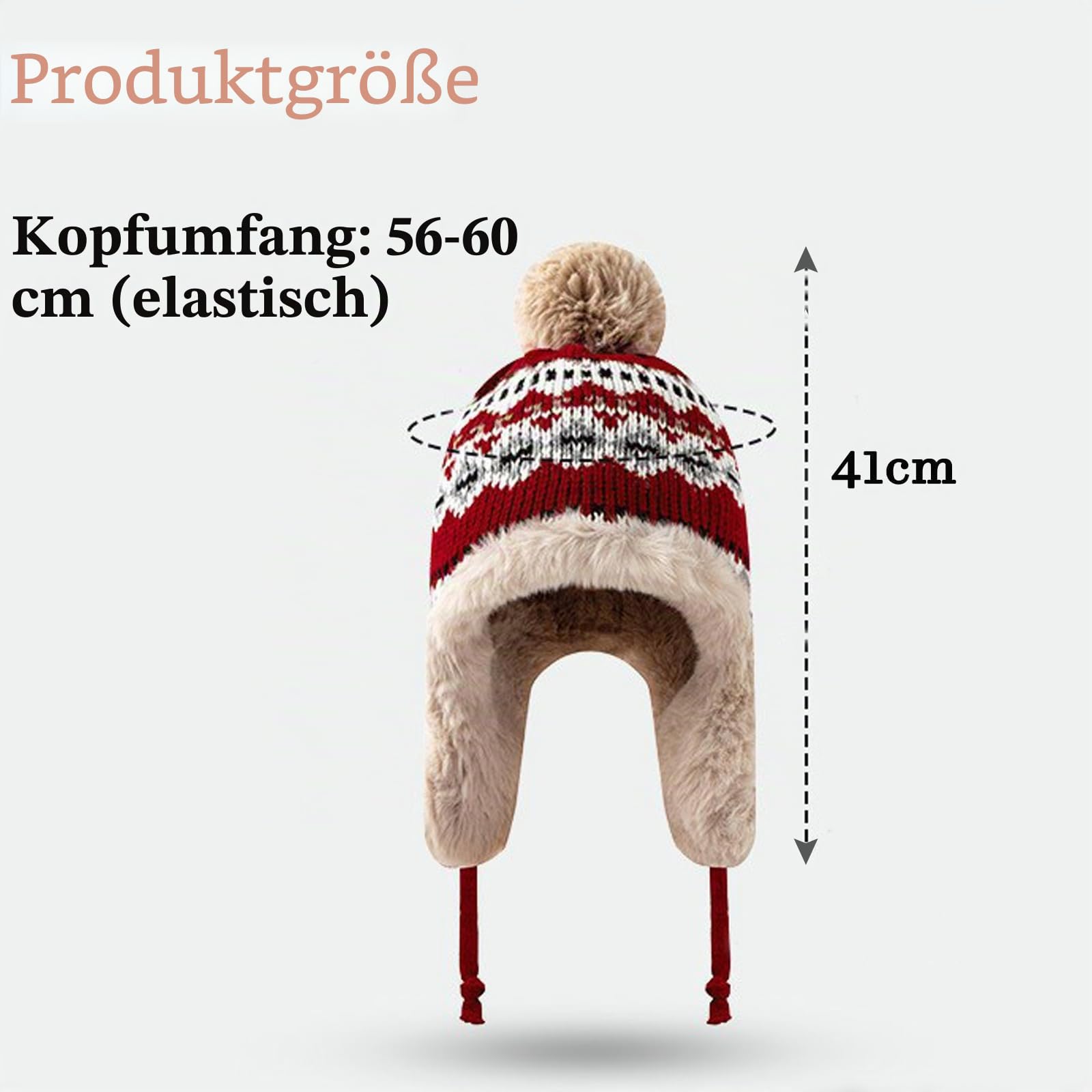 Damen Winter Strickmütze mit Ohrenklappen Winddichte Fleece Gefüttert Trappermütze Thermo Dicke Skimütze mit Ohrenschützer Wintermütze mits Kunstpelz Bommel Kinnriemen Wintermütze für im Freien
