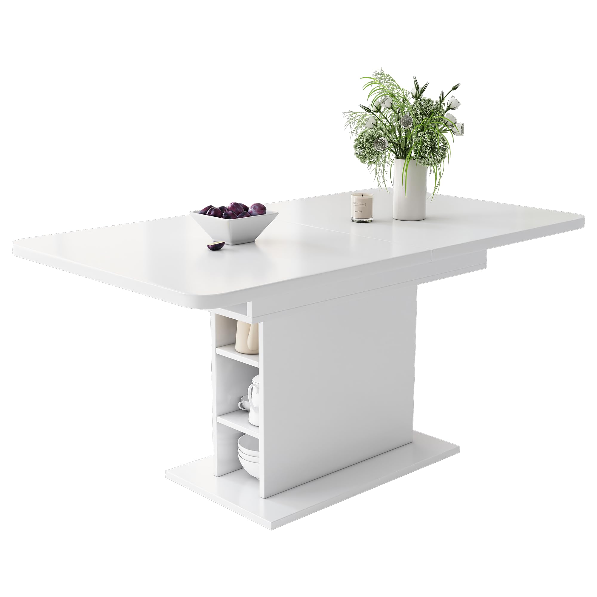 soges Mesa de Comedor Extensible con Estante, Mesa de Centro Rectangular, Isla de Cocina para Sala, Comedor, Blanco 110/130 x 70 x 75 cm