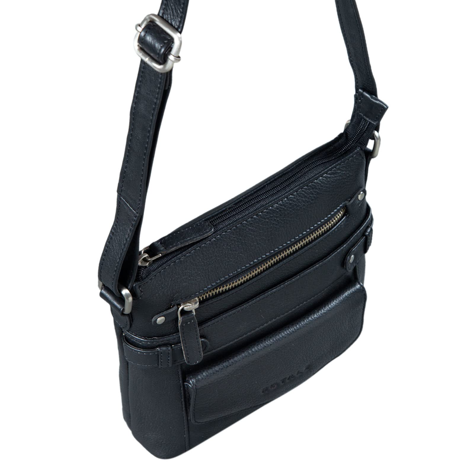 ROYALZ 'Madison' Vintage Handtasche Damen schwarz Umhängetasche klein kompakte Ledertasche