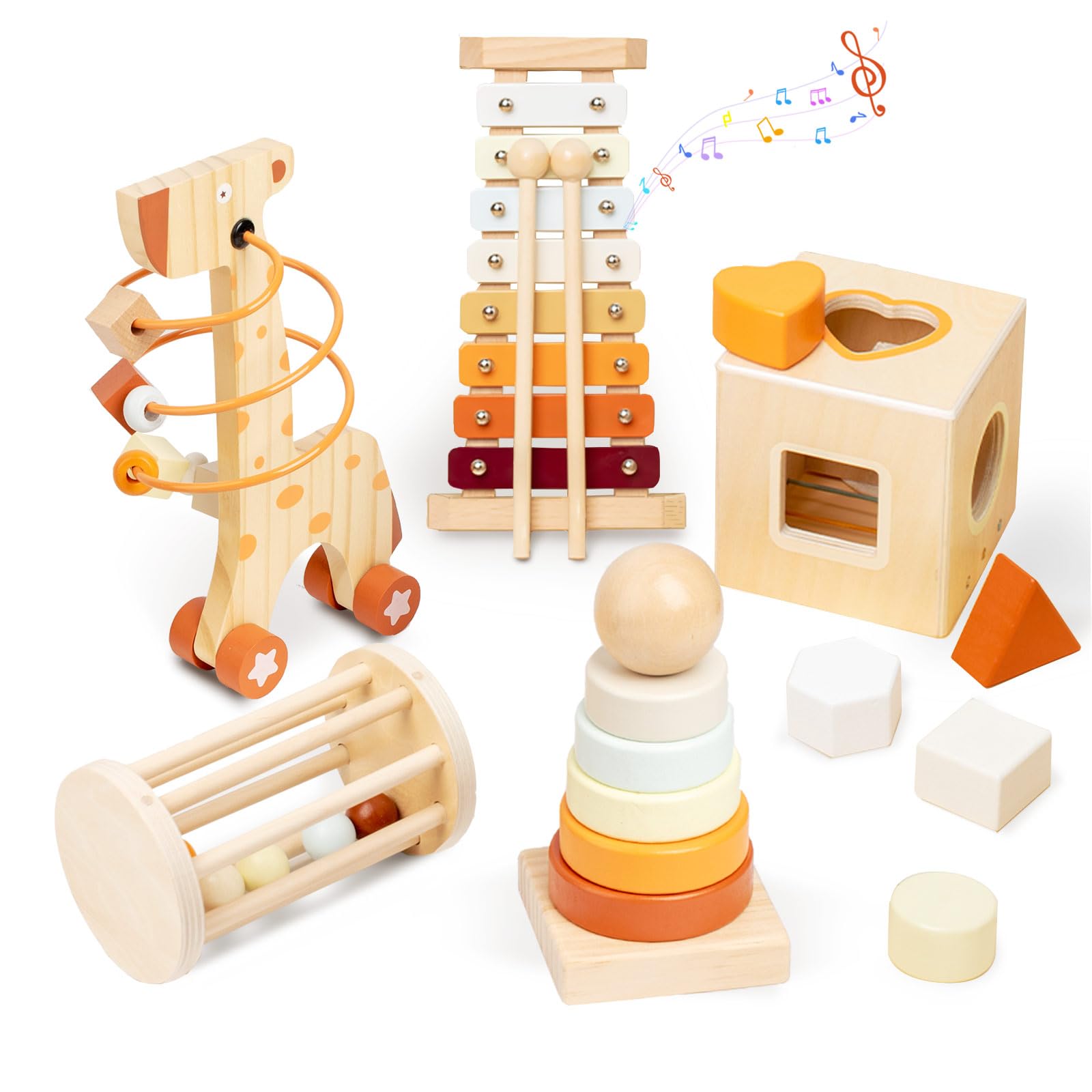 Juguetes Madera 5-en-1 para Bebe, Juguetes Montessori 1 Año con Torre Apilable, Instrumentos Musicales Niños, Motricidad Fina, Juguetes Sensoriales Educativos Montessori, Regalo 1 2 3 Años