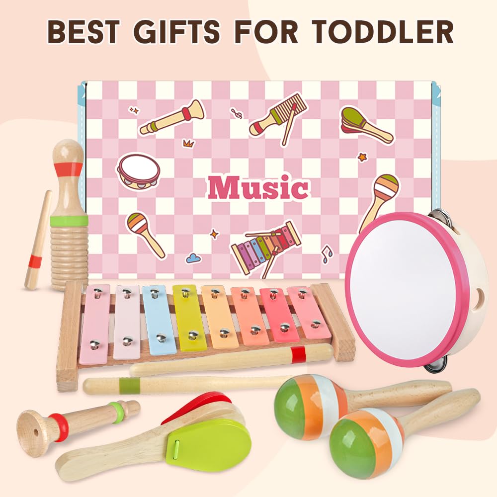 Baby Musical Instruments for Girls-Montessori Wooden Toys for Toddlers 1-3,Percussion Instruments Set with Xylophone Preschool Educational 3+ Christmas Birthday Gift for 1 2 3 Year Girls