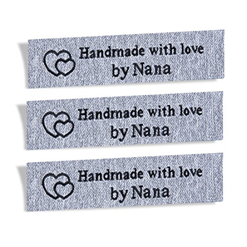 Wunderlabel Handmade with Love by Nana Granny Mix Thread Craft Art Fashion Woven Ribbon Ribbons Tag Clothing Sewing Sew Clothes Garment Fabric Material Embroidered, Black on Gray/Grey, 25 Labels