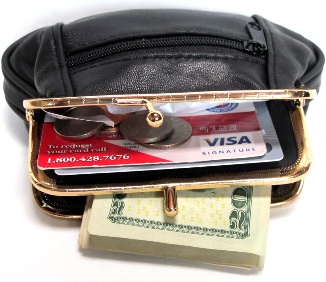 Women Soft 100% Leather Mini Wallet ID Credit Cards Cash Coin Holder Case Organizer Purse Framed & Zipper Closures -BLACK - Image 7