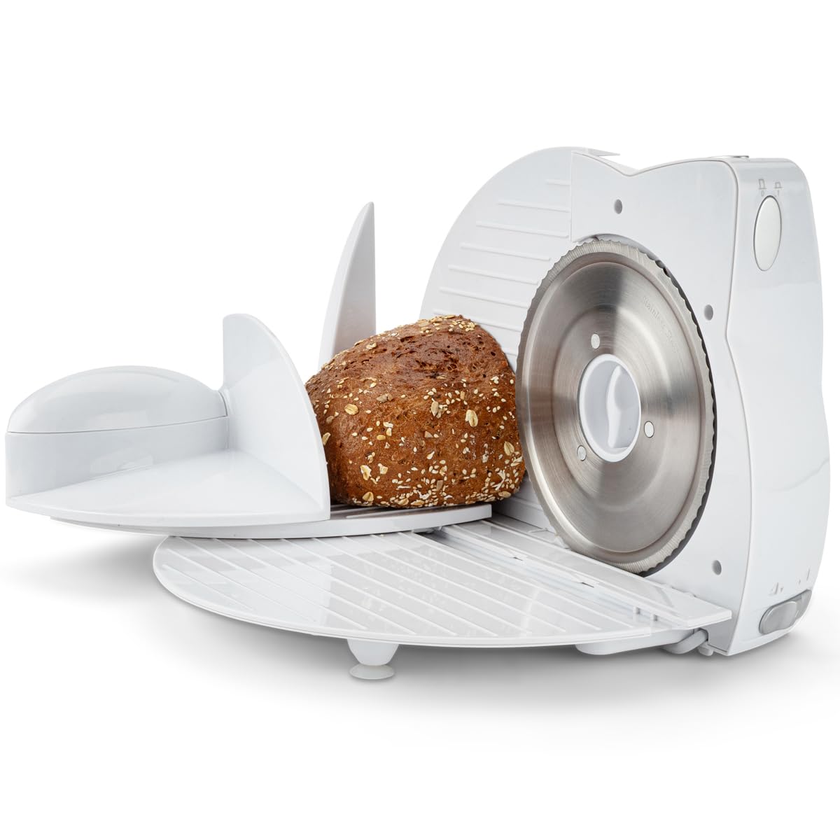 Clatronic® Allesschneider | 3 Stufen | Brotschneidemaschine mit Edelstahl Spezialmesser | stufenlos einstellbare Schnittstärke | 180 Watt | Fingerschutz | für Obst, Brot, Käse uvm. | AS 2958 weiß