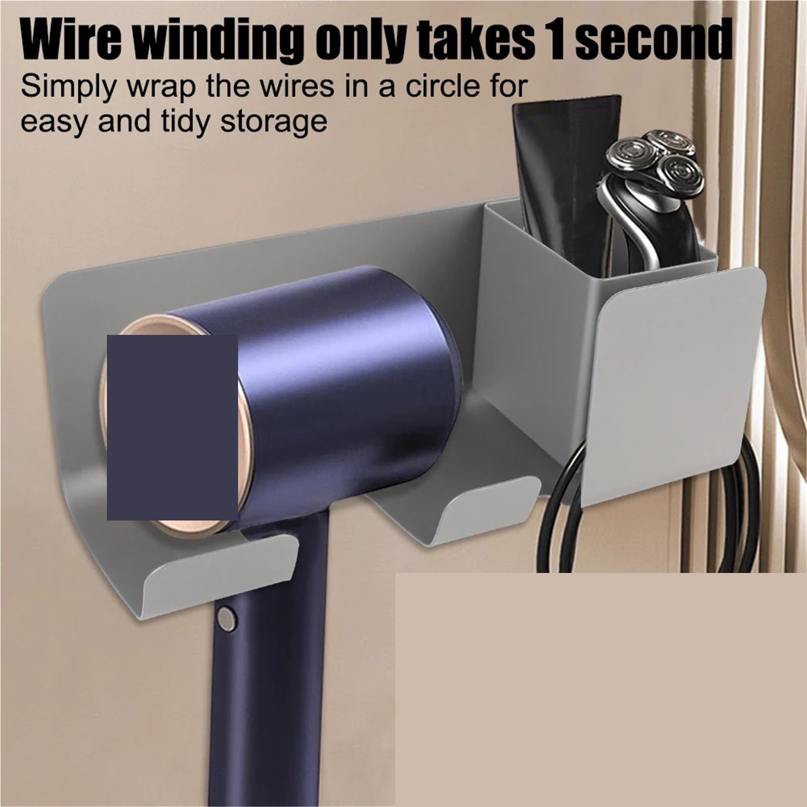 Soporte for secador de Pelo y Plancha, Estante de Almacenamiento Multifuncional, Organizador de secador de Pelo, Estante de Aluminio montado en la Pared para Baño，Barbería(Black Double Cup)