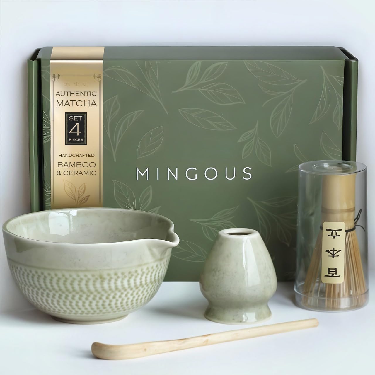 Matcha-Teeset mit Keramikschale, Ausgießer, Bambus-Schneebesen, Schaufel, Schneebesenhalter, Premium-japanisches Zeremonie-Set für Teeliebhaber, Geschenk-Set (grün)