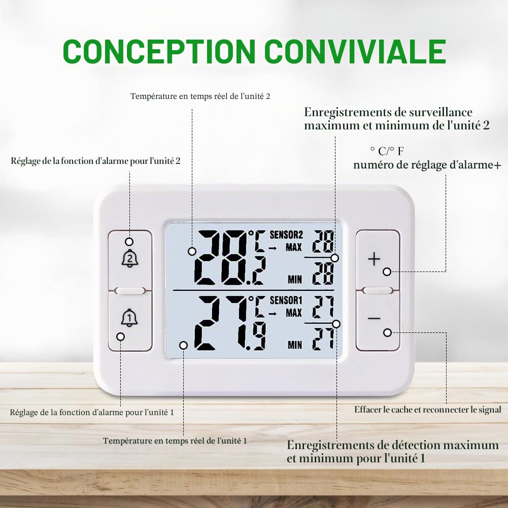Thermomètre de réfrigérateur, thermomètre de congélateur avec 2 capteurs sans fil, thermomètre intérieur extérieur, alarme de température, MIN/MAX, flèche d'affichage de tendance de température