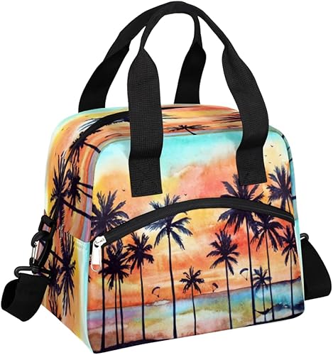 Bolsa de almuerzo aislada para mujeres y hombres palmera mar océano pájaros lonchera reutilizable bolsa de almuerzo grande para el trabajo picnic