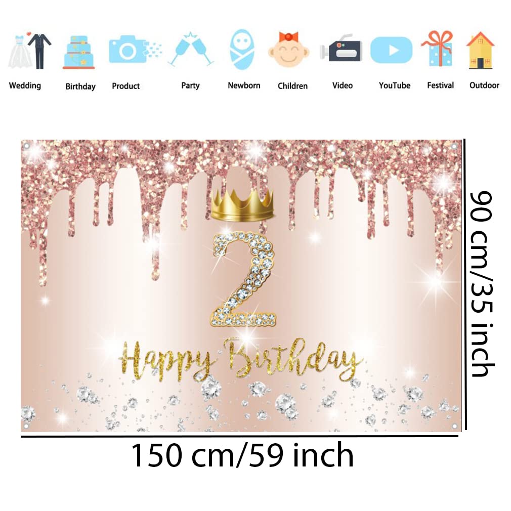 2. Geburtstag Banner 150x90 Cm – Rosegold, Für Mädchen, Mit Krone, Vinyl, Für Foto-Hintergrund & Partydeko
