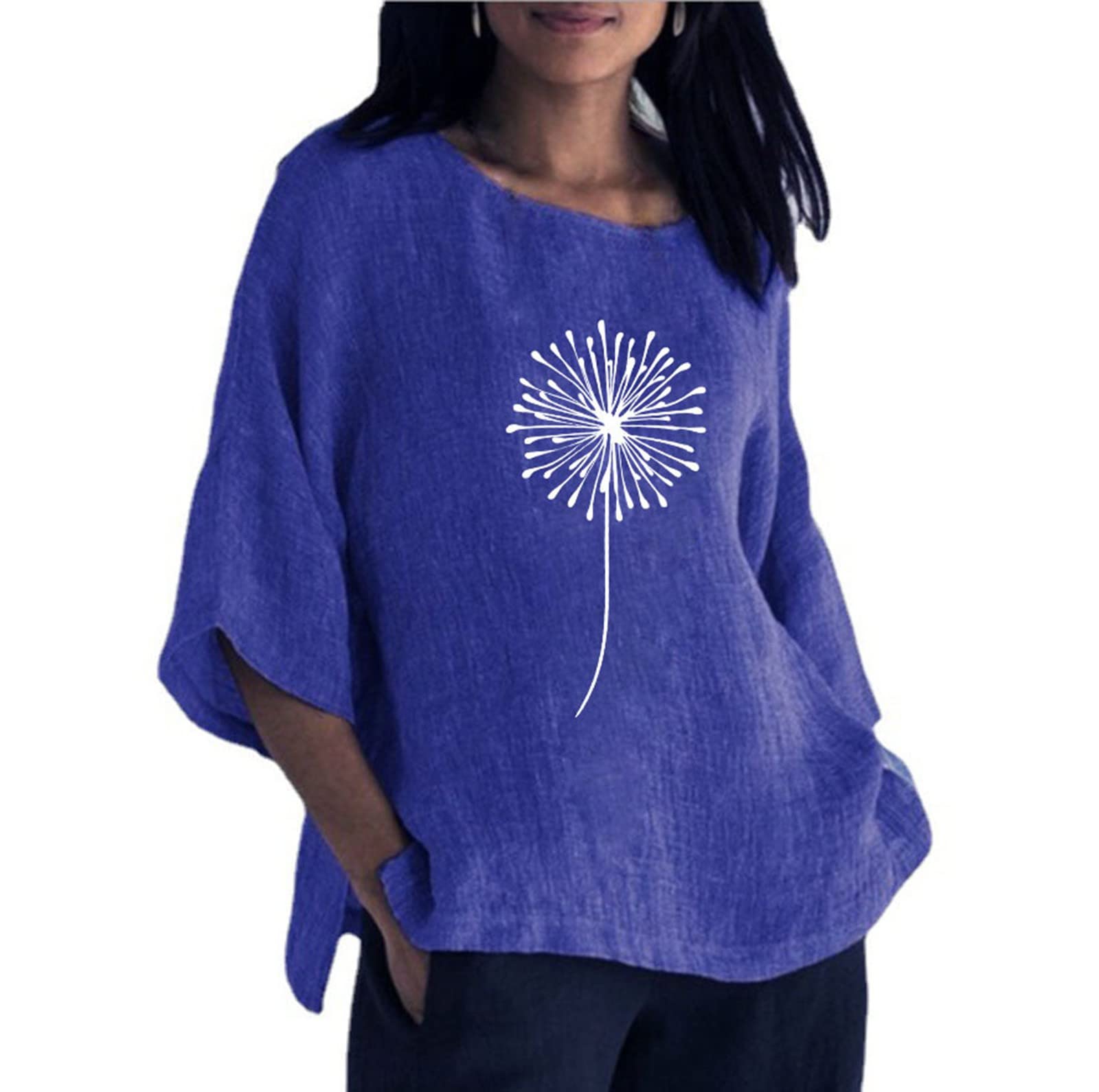 LMKIHUSA T-Shirts à Manches 3/4 Pour Femmes Imprimé Floral Plissé Cache-Ventre Chemises Manches Cloche Boutonné Col En V Boho T-Shirt Décontracté Chic Été 2025 Hauts Confortables Vert,P