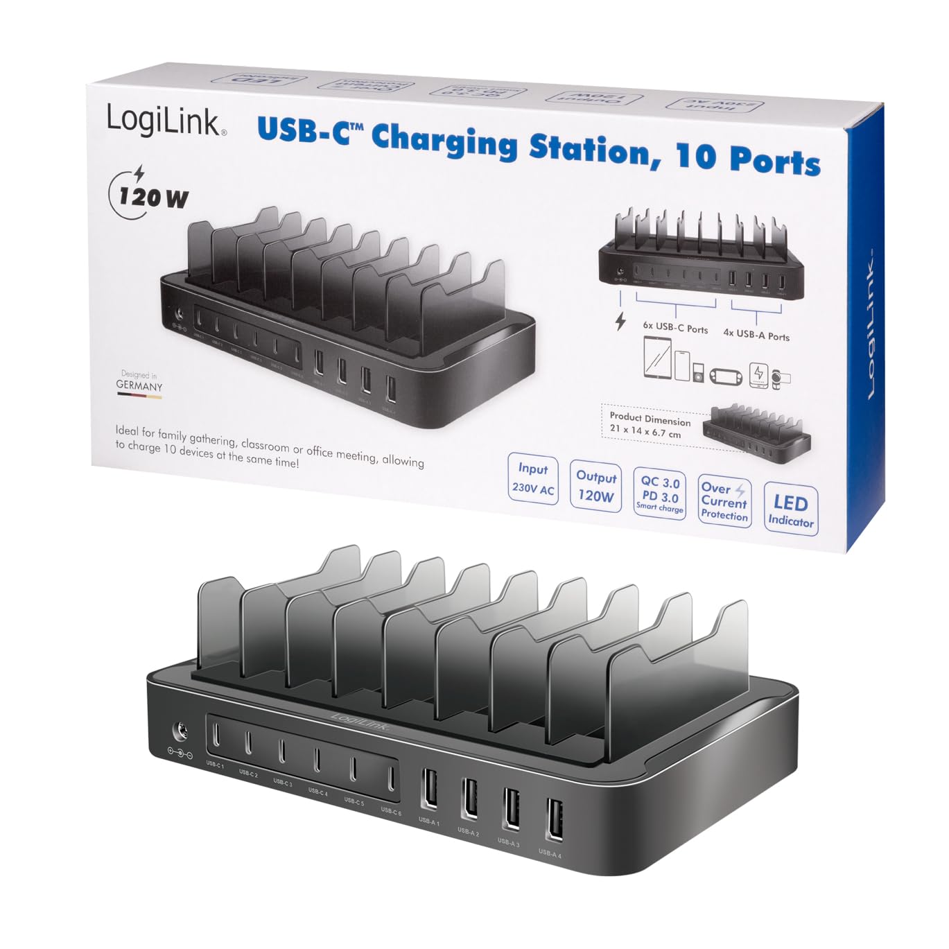 LogiLink PA0327 - stacja ładująca USB-C z 4 x USB-A i 6X USB-C, PD 3.0 (PowerDelivery) i QC 3.0 (QuickCharge), 120 W