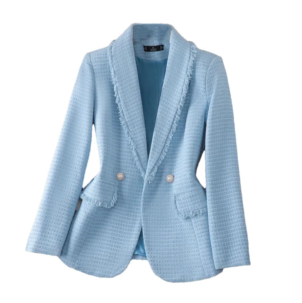 Womens Long Sleeve Suit Jacket Double Breasted Tweed Blue White Blazer Coat Business Casual Work Outerwears