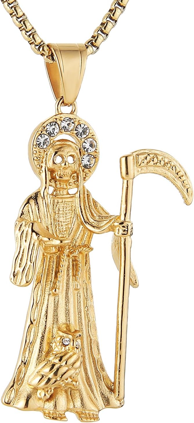 AsAlways Santa Muerte Necklace for Men Stainless Steel Gothic Grim Reaper Saint Death Sickle Skull Pendant Necklace Jewelry Gift