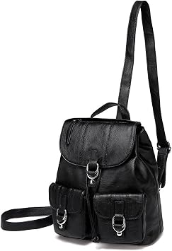 VASCHY Mini Backpack Purse for Women, Fashion Faux Leather Buckle Flap Drawstring Backpack for College with Two Front Pockets Black