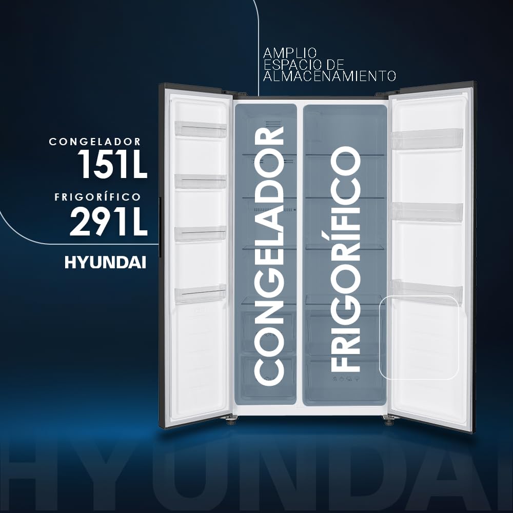 HYUNDAI Frigorífico Americano Dark Inox, 2 Puertas. HAM17791NDDD00, Capacidad 442 Litros, No Frost, Motor Inverter, 39 dB, Puerta Única Dirección, Apertura Tipo Uñero, Clase D