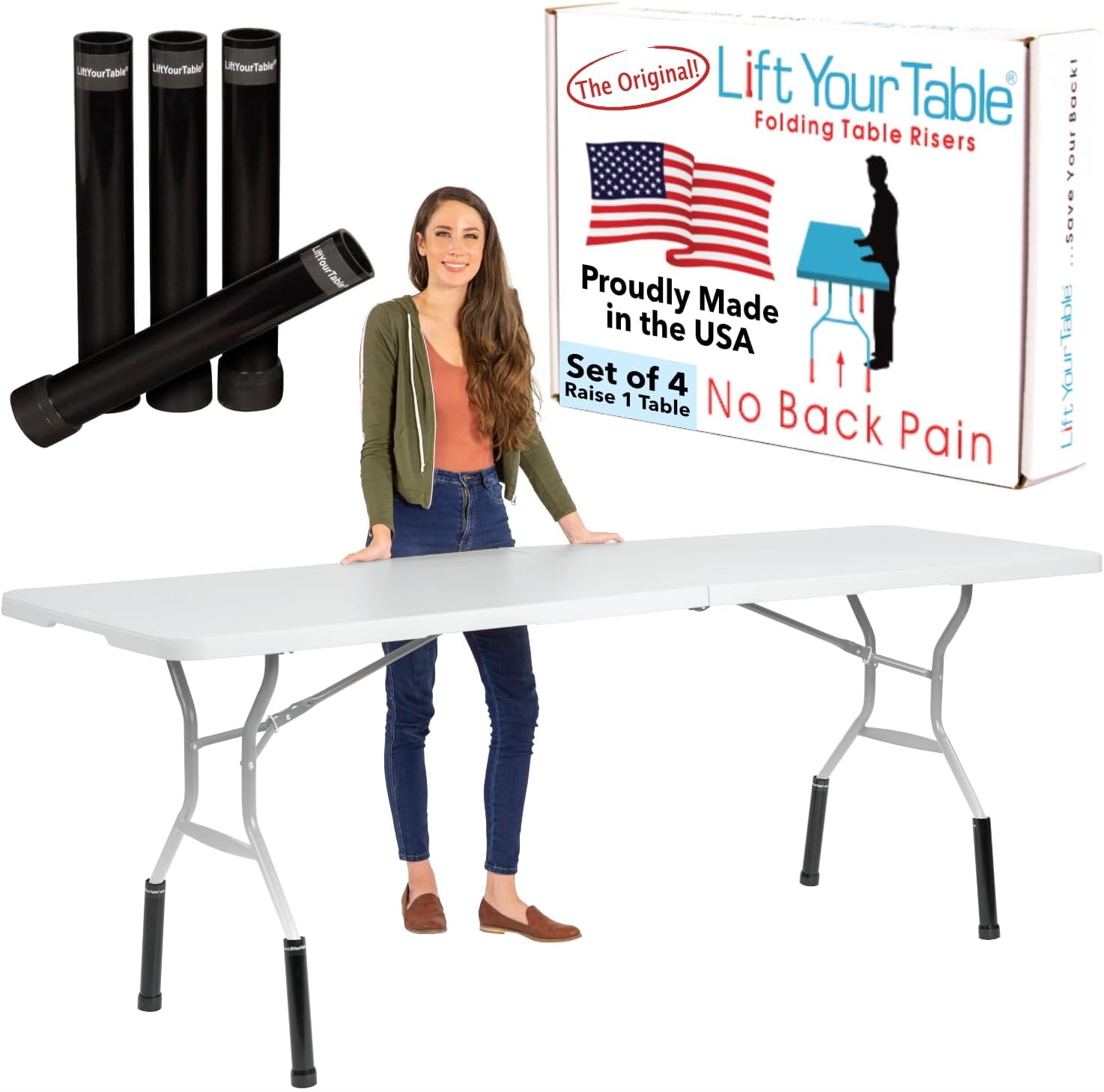 Lift Your Table® Folding Table Risers - Counter Height (Movable Foot) - Made in The USA, Heavy Duty, Sturdy, Portable, Easy-to-Use Extensions Raise Bent Leg Folding Tables (Set of 4)