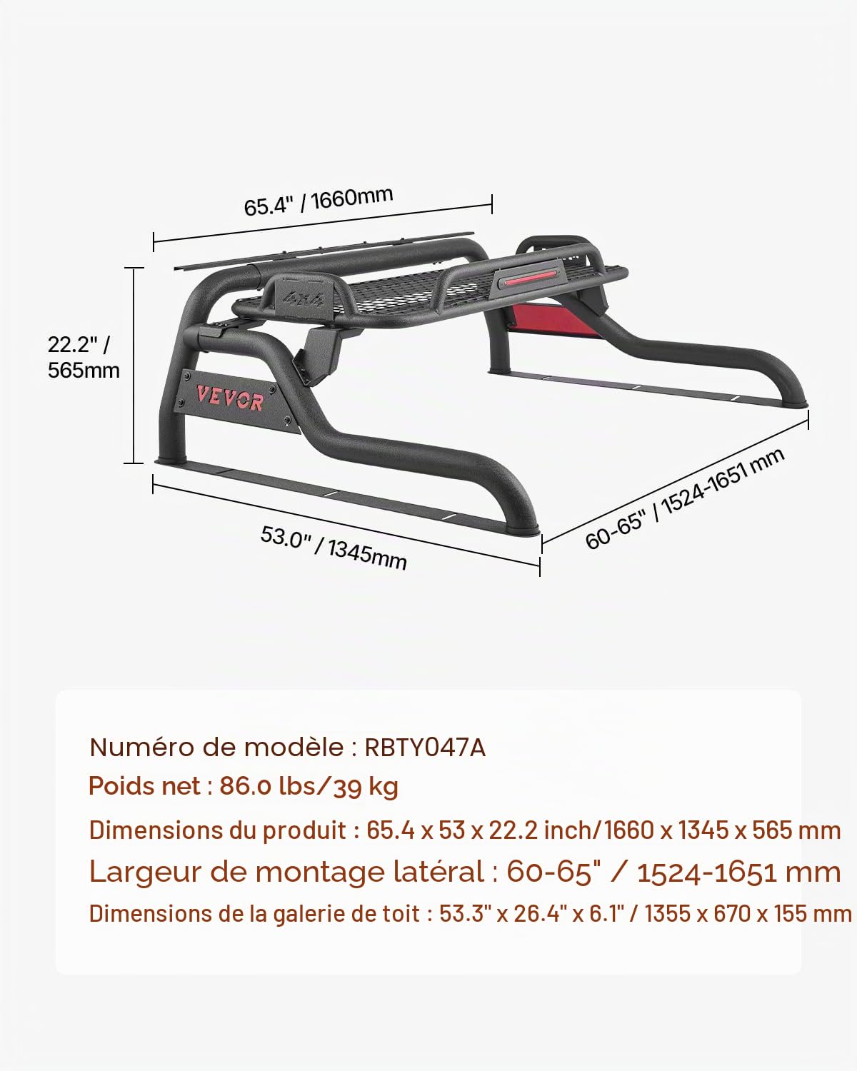 VEVOR Arceau de Sécurité Arrière pour Pick-up, Barre de Benne Réglable Universel, Compatible avec Pickup Pleine Grandeur, en Acier au Carbone, avec Plateau Porte-bagages et Feu Stop LED, Camion