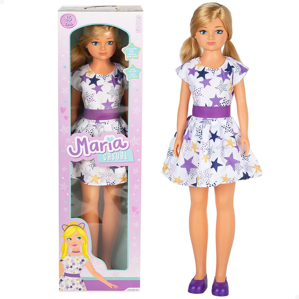 ColorBaby - Muñeca María Grande articulada, 85 cm, Pelo Rubio y Largo, para peinar, Piernas y Brazos articulados, Vestido Estrellas, Ropa con Velcro, Juguetes niños 3 años (47699)