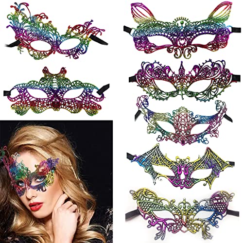 7 Stück Spitze Maske Venezianische Masken Spitze Damen Bunt Spitzenmasken Sexy Fasching Spitzenmaske Halloween Augenmaske für Mädchen für Halloween Karneval Party Kostüm Ball Geschenk für Mädchen Cover