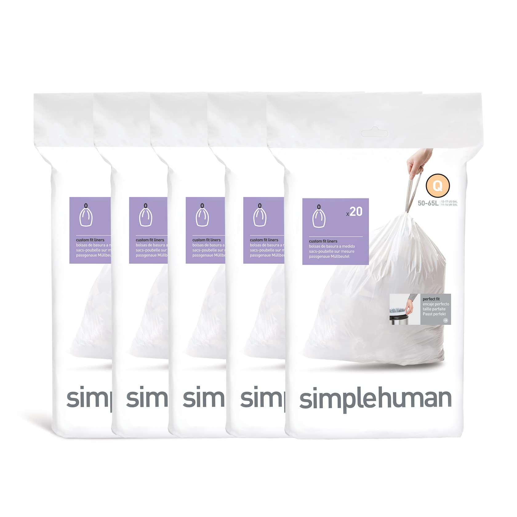 simplehuman Code Q 100 Liners, 50% Recycled Custom Fit Bin Bags in Dispenser Packs, Durable Drawstring Tie Handle, 50-65L, White