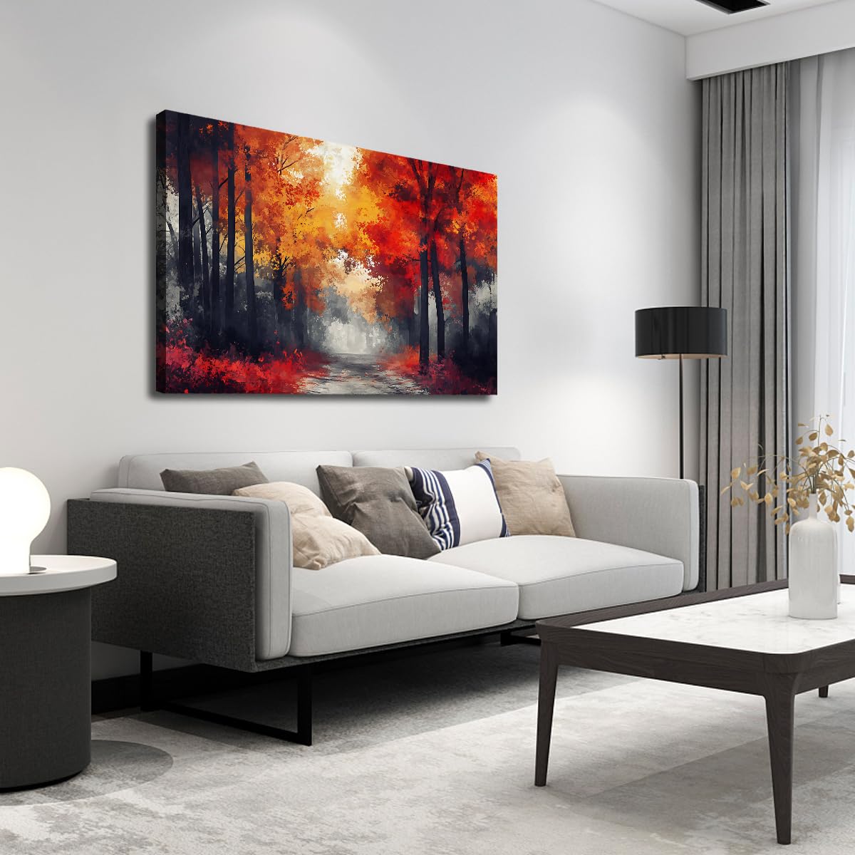TOANGWALL Jesień Las Ścieżka Na Płótnie Sztuka Ścienna Czerwony Pomarańczowy Klon Liście Plakat Wydruki Abstrakcyjny Las Krajobraz Obraz Obraz Do Biura Salon Hotel Dekoracja 50x75 cm
