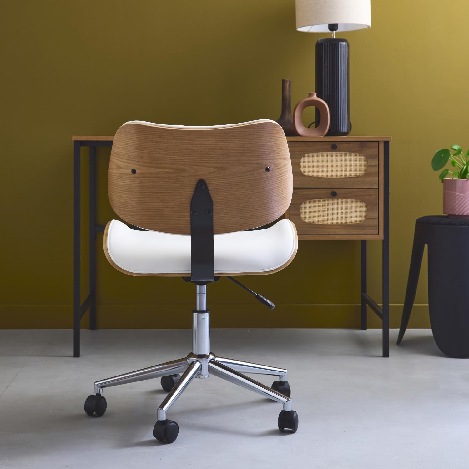 sweeek-Silla de Oficina con Ruedas, Madera Curvada y Acabado en Polipiel, Karen, Blanco, 52x53x88 cm