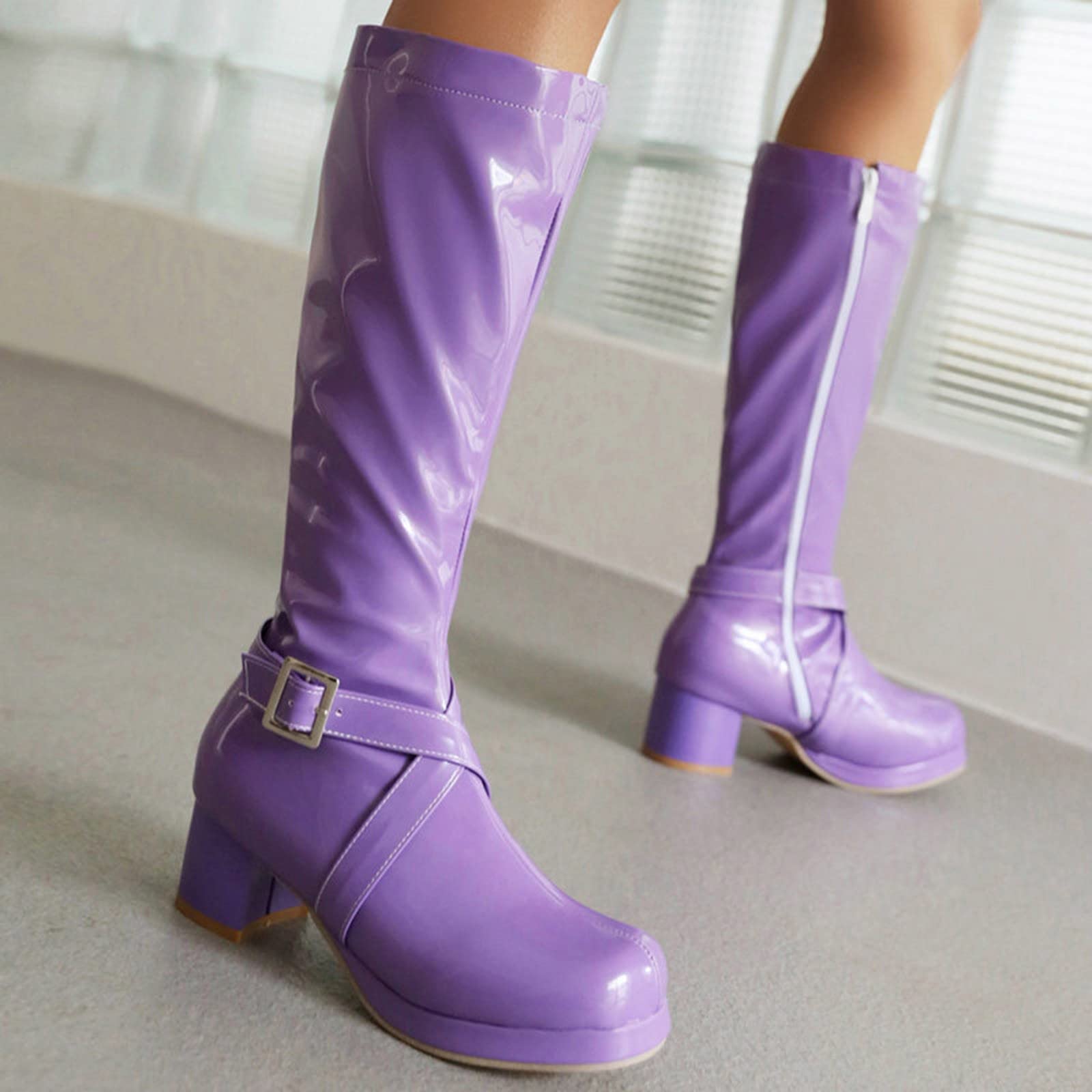 Botas de pantorrilla media para mujer e invierno Hebilla de color sólido de moda Cremallera lateral Cómodo tacón grueso Zapatos de tacón cuadrado Zapatillas de deporte para mujer, morado, 39 EU