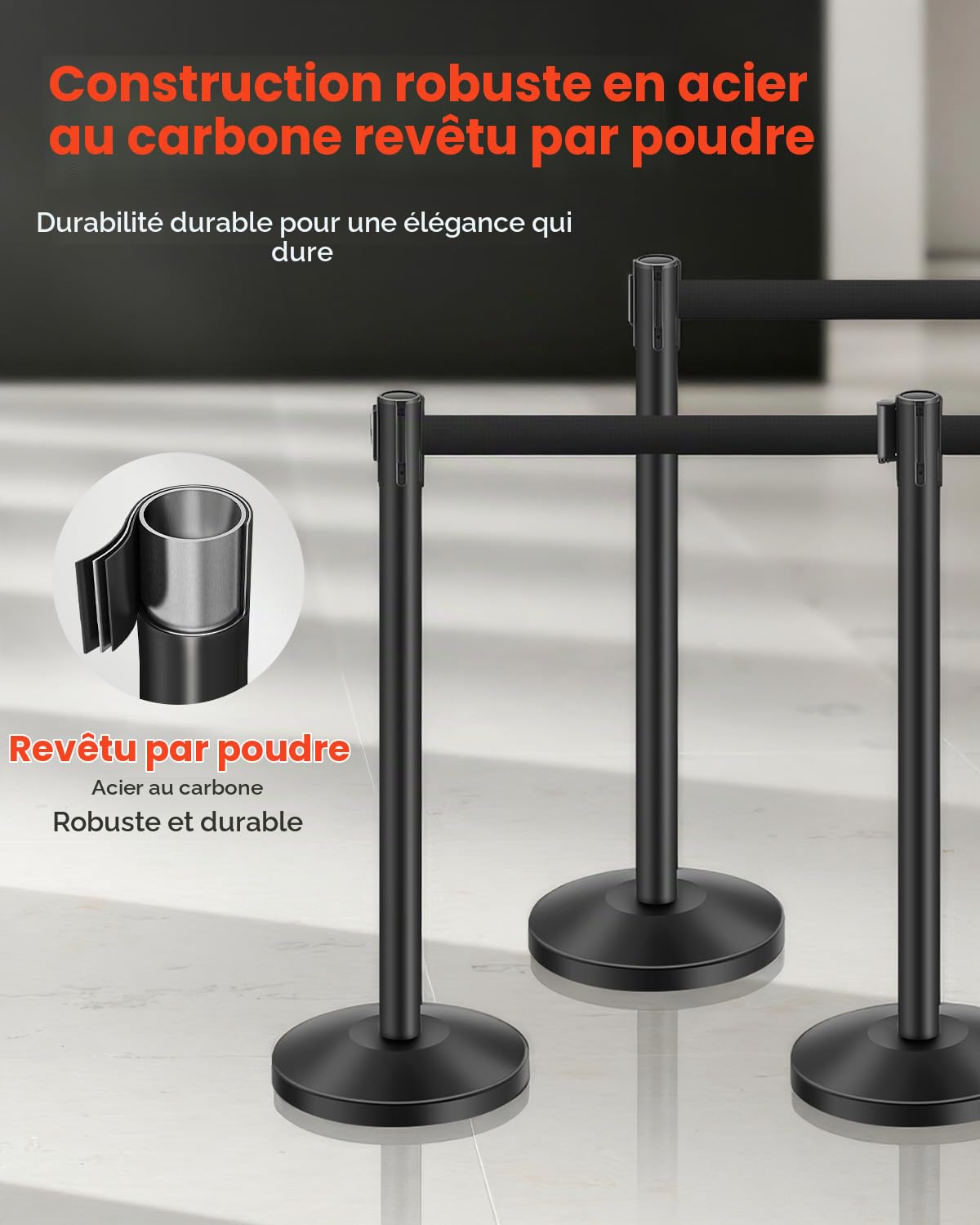 VEVOR Poteau de guidage, 6 pcs, barrière de balisage pour contrôle de foules, avec base creuse, sangle rétractable noire et poteaux noirs en acier au carbone, pour théâtre, fête, mariage, exposition
