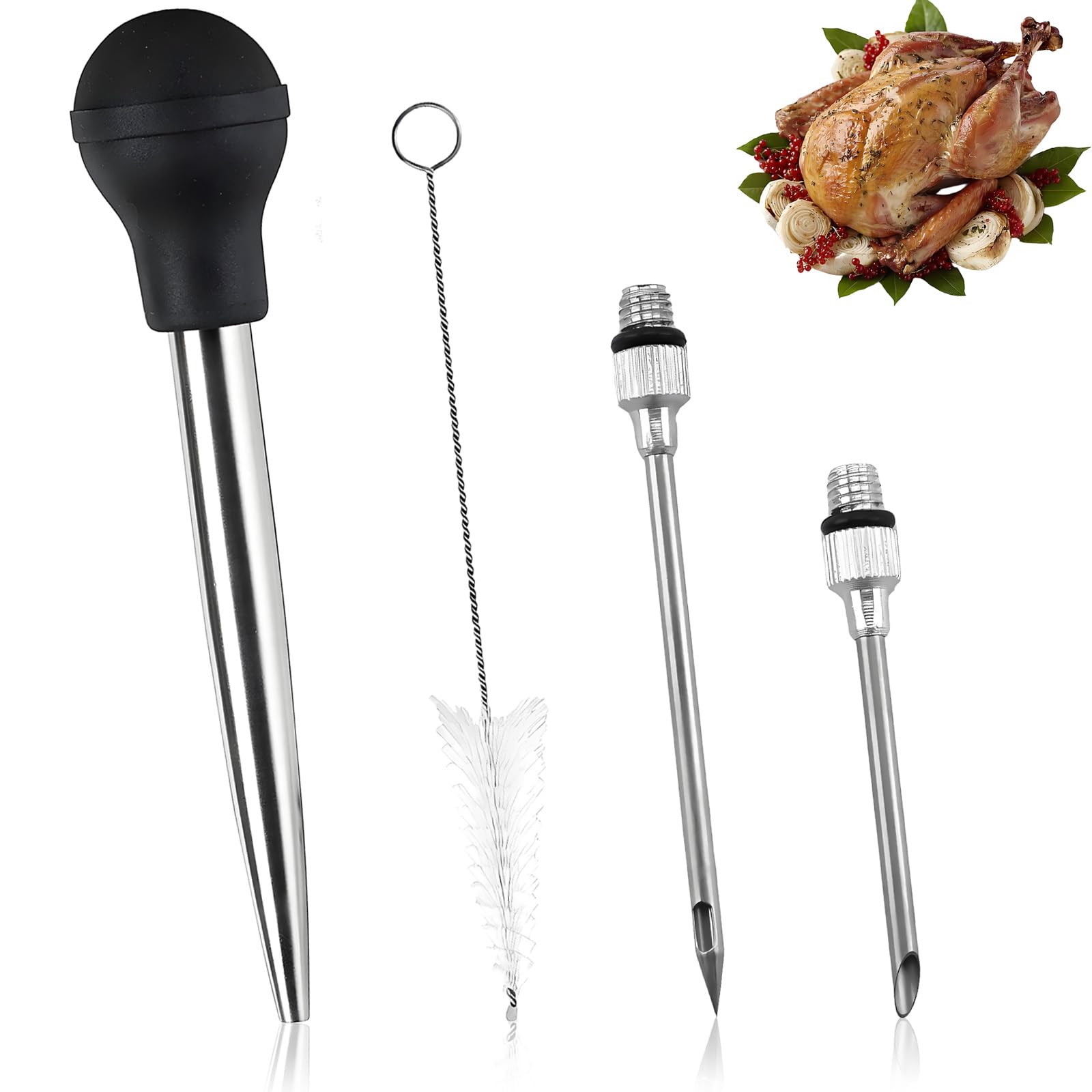 Turkey Baster Set of 4, Meat Baster for Cooking Stainless Steel Meat Injector with 2 Needles and Cleaning Brush, Practical Turkey Baster for Thanksgiving Christmas BBQ