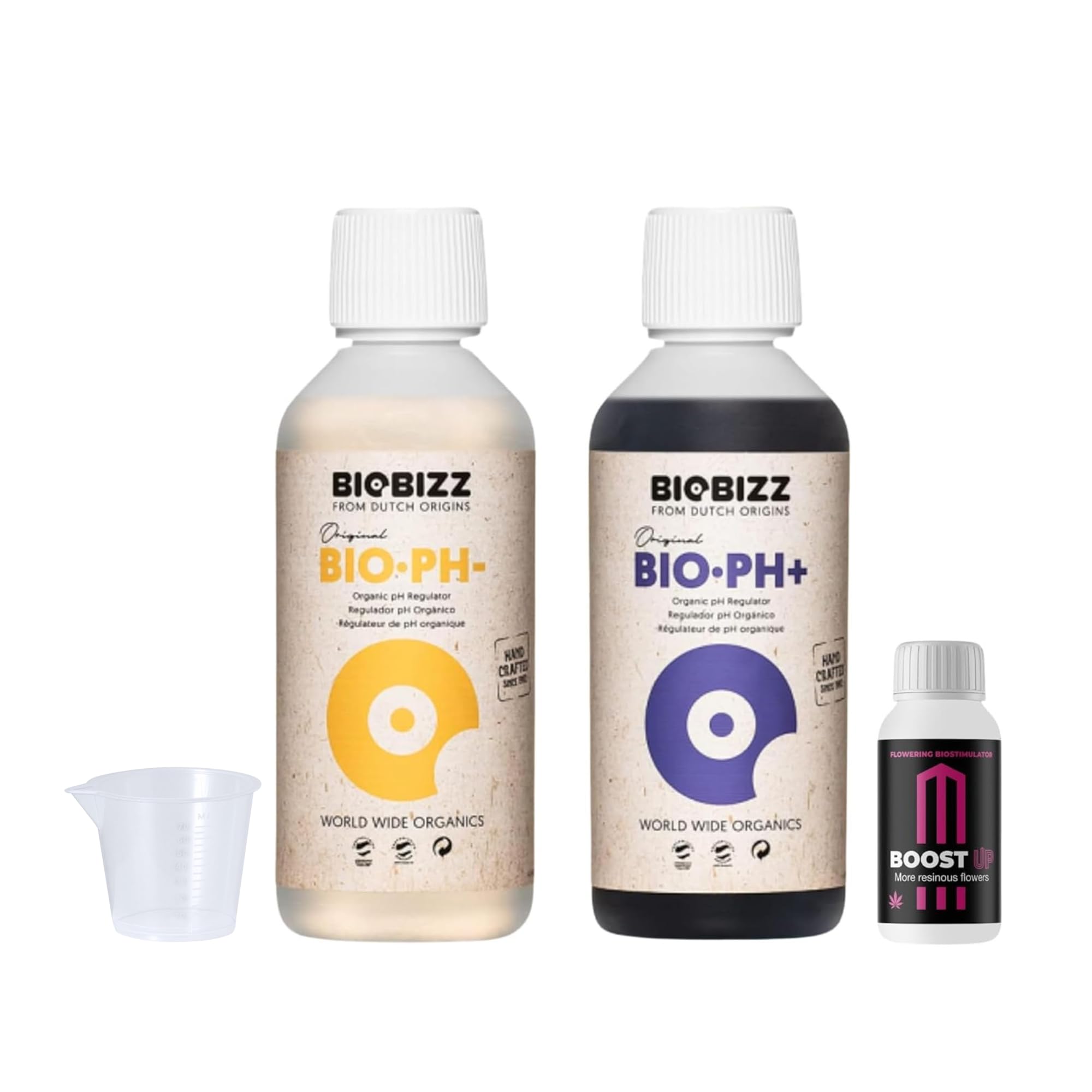 GROWMANIA Biobizz pH + Plus 250 ml + pH – Menos 250 ml líquido + Up Nutrients Boost Up + Vaso Medidor | Superpack Ph up and Ph Down and Boost | Abono elevador de pH para plantas de cultivo