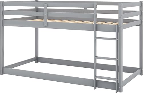 Miniatura 8 de Litera baja individual sobre individual, base de cama de madera maciza con escalera y barandillas de seguridad, literas individuales para niños y