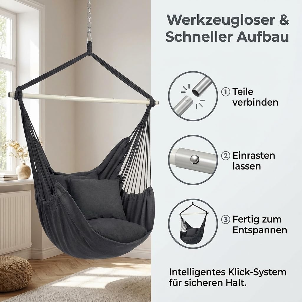 Fauteuil suspendu d'extérieur complet avec 2 coussins et accessoires de montage, fauteuil suspendu extérieur pour balcon, jardin et intérieur, confortable pour lire et se détendre GROWZELT