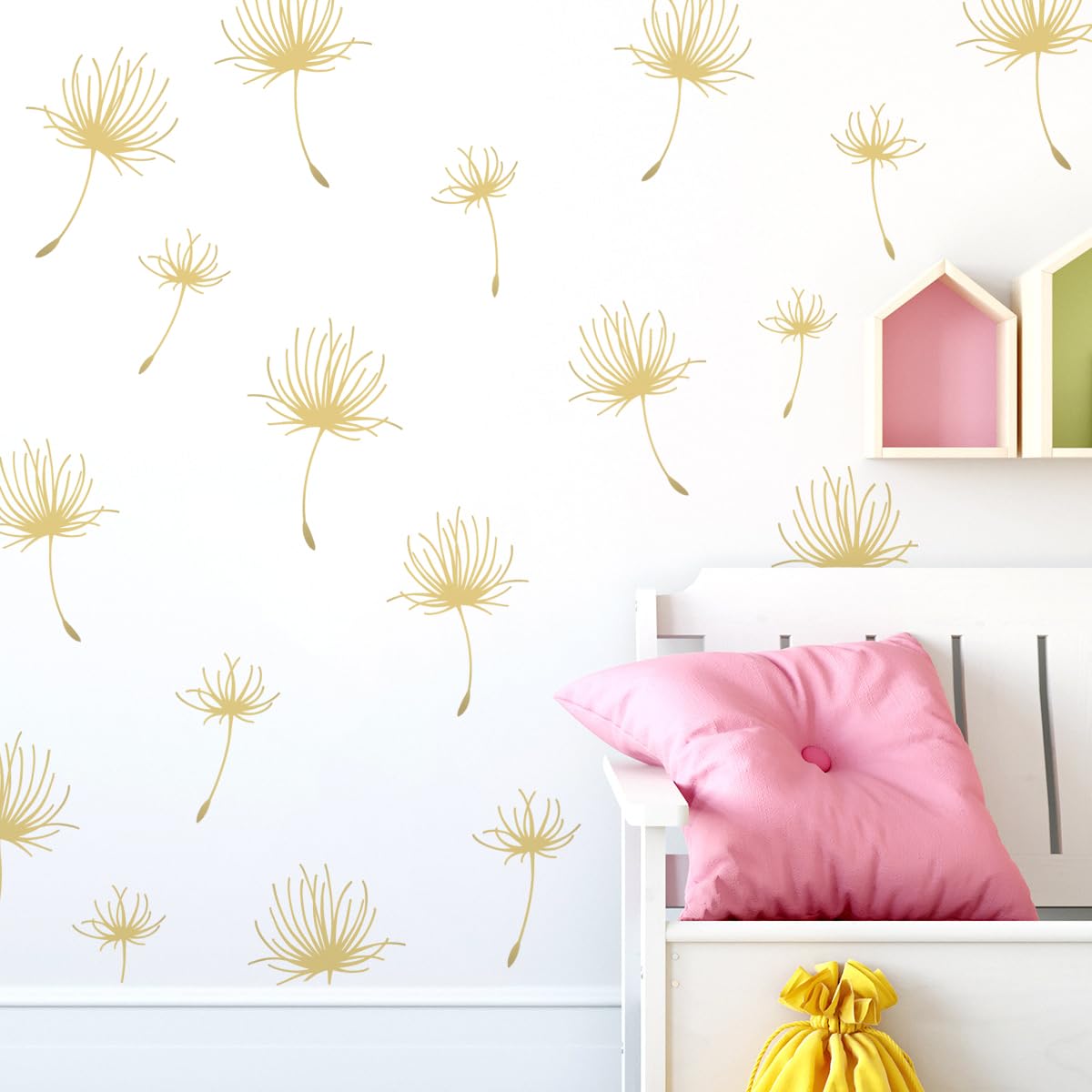 Runtoo Dandelion Wall Art Decal Boho Floral Leaves Metallic Gold Flower Wall Stickers for Nursery Kids Bedroom Wall Decor 56 Pcs - Image 2