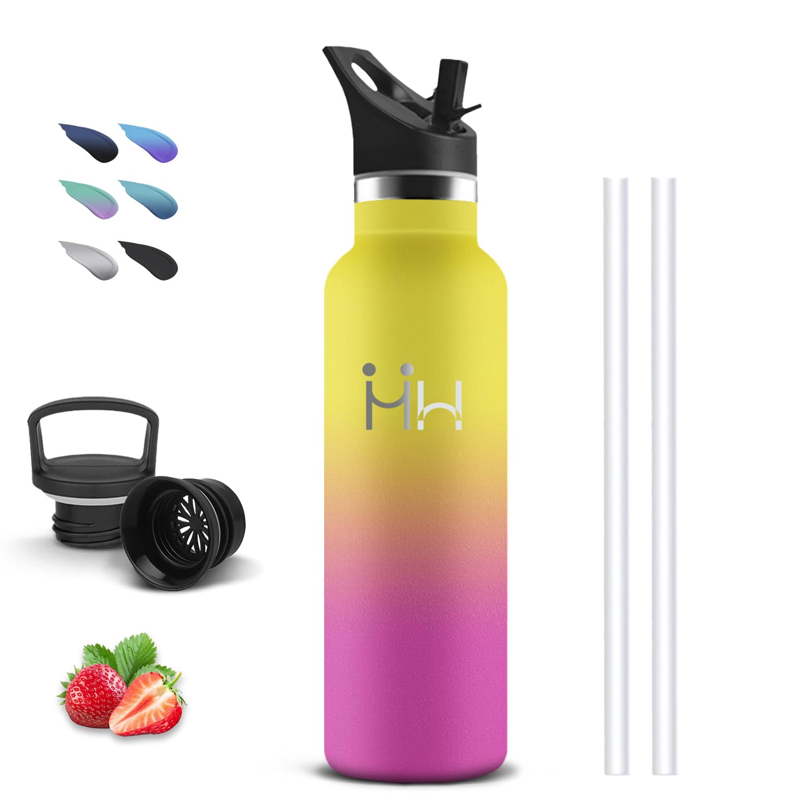 Trinkflasche, 750ml Trinkflasche Edelstahl, BPA-Frei, Wasserflasche Sport, Thermosflasche mit Strohhalm, 24h Kalt & 12h Warm, Wasserflasche Kohlensäure Geeignet, für Wandern, Camping, Yoga, Fitness