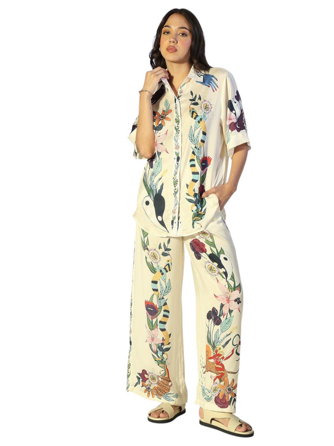 Edition Women's Printed Cream Shirt with Wide Leg Pants Co-Ord Set-CHN-6613_CreamMulti-P-image-24