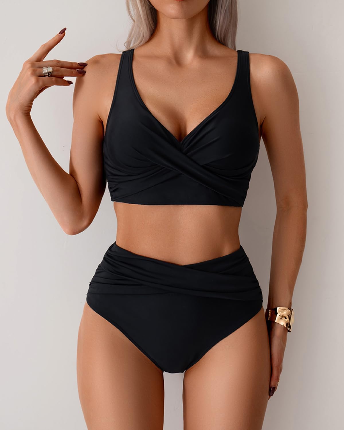 Fanuerg Women High Waisted Bikini Sets V Neck Cross Twist Front Two Piece Swimsuit Tummy Control Bathing Suit Black M - Image 2
