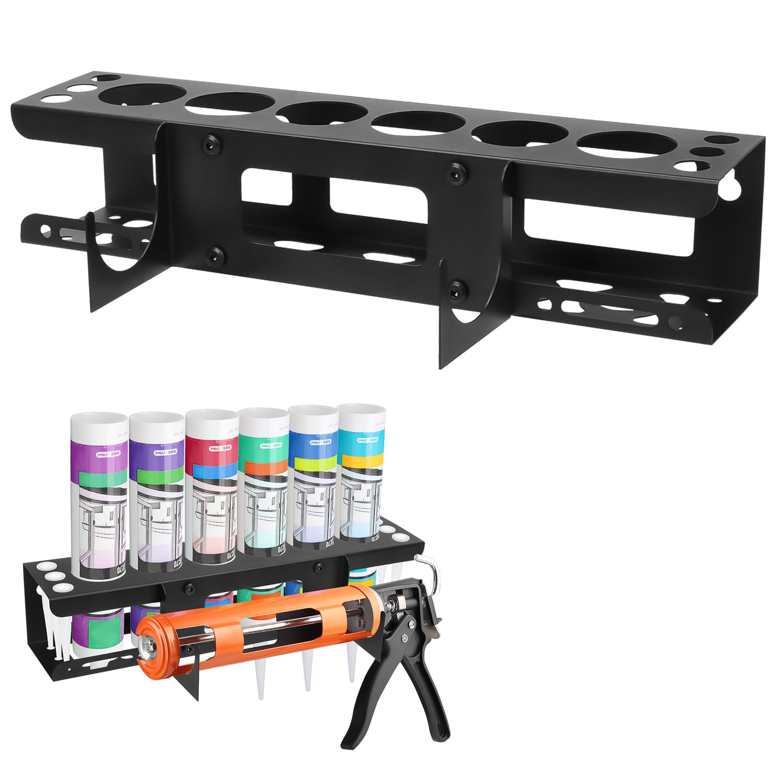 Ruaizel Silicone Tube Storage Holder, 6 Hole Mastic Caulk Gun Rack, Sealant Tube Holder for Garage Workplace, Holds 6 Tubes Caulking Nozzle(1)