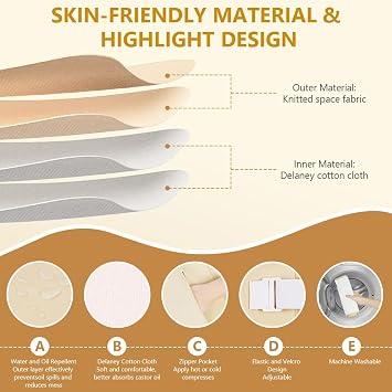 AOOWU Castor Oil Pack Wrap Kit, 6PCS Reusable Organic Cotton Castor Oil Wrap Kit, Organic Castor Oil Compression Wrap for Waist Neck Leg Knee, Machine Washable Anti Oil Leak, (Oil Not Included)