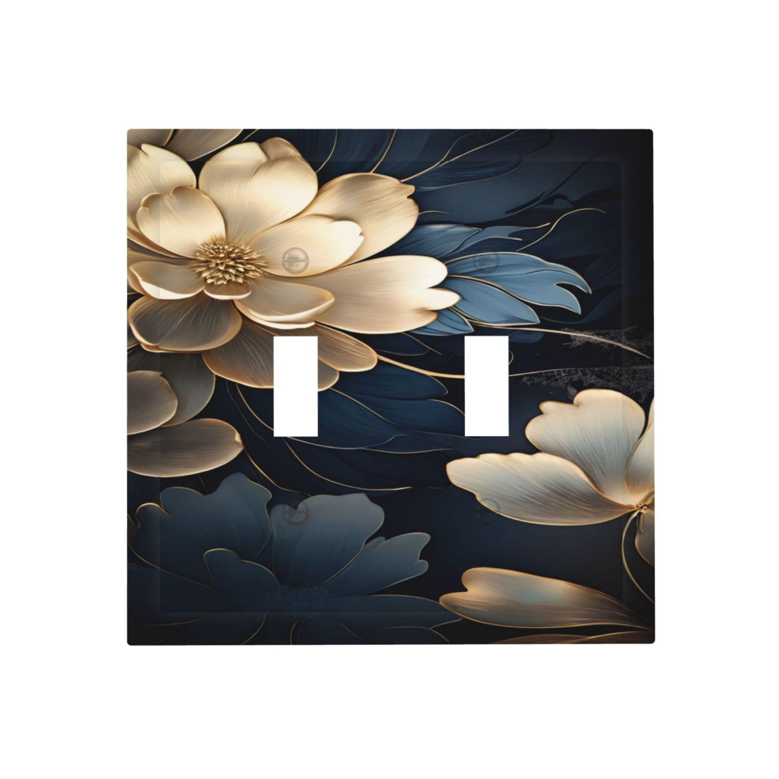 Yamxbfa Gold Flowers Blue Black Leaves Flroal Plants Double Toggle Light Switch Covers Decorative 2 Gang Wall Plate Cover Dual Device Electrical Switchplate Dimmer Faceplate for Country Bathroom Decor