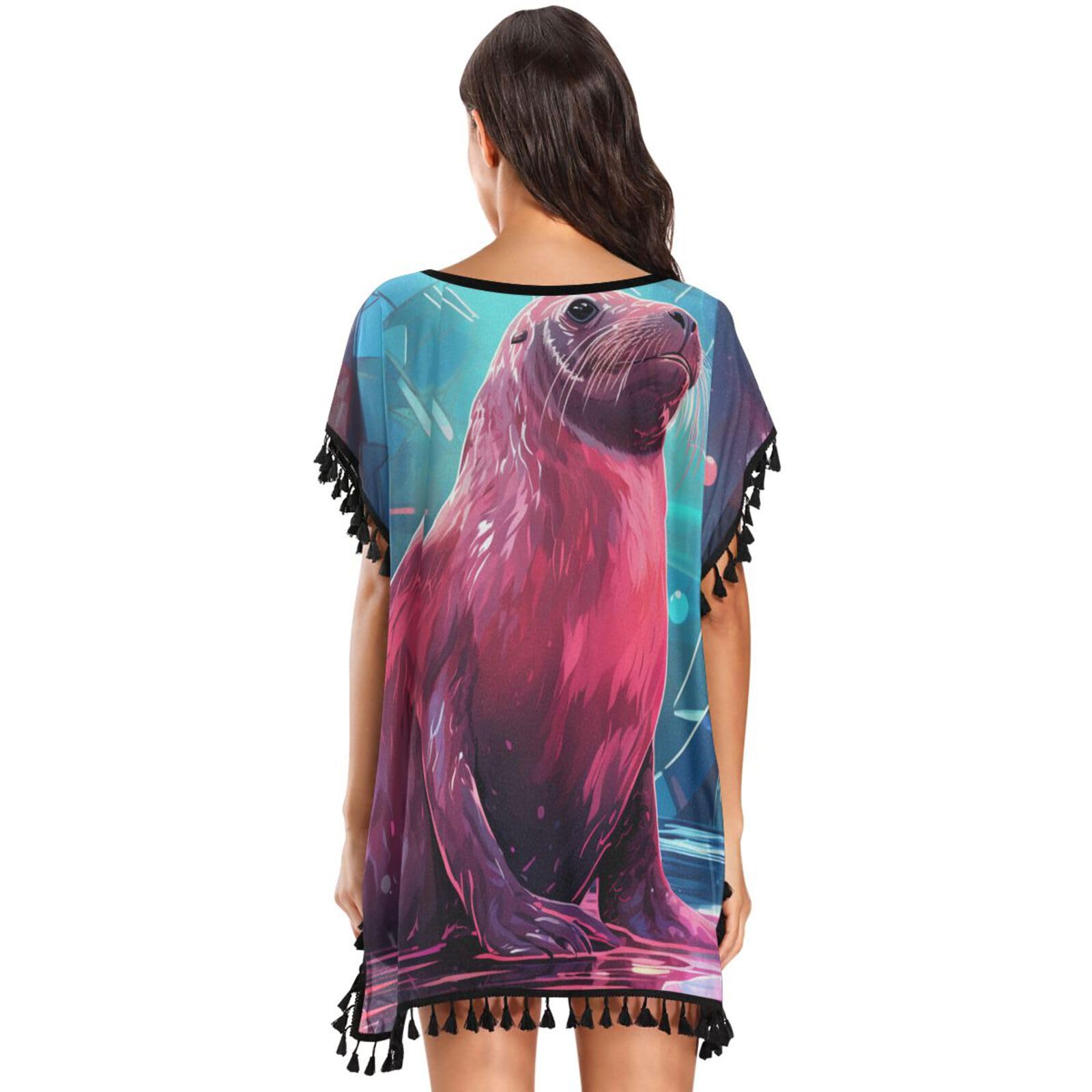 Pink Light Cool Art Sea Lion Women's Beach Cover Up Chiffon Tassel Swimwear Swimsuit Coverups for Girl